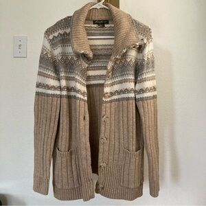 Eddie Bauer Fair Isle Wool Blend Neutral Cardigan Sweater Size Large
